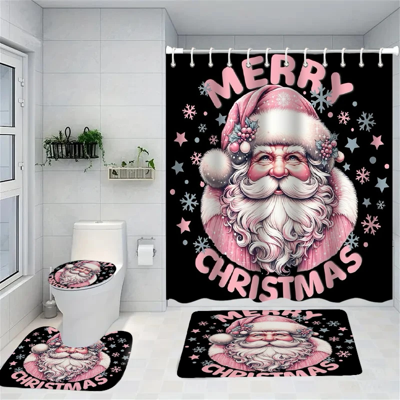 

Merry Christmas Santa Claus Shower Curtain Bath Sets Non-Slip Bathroom Rug Toilet U With 12 Hooks bathroom decor and accessories