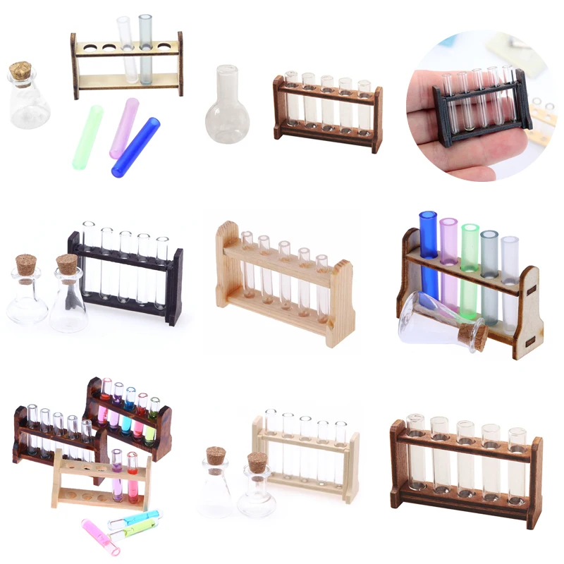 1 Set Hot Sale Laboratory Glass Test Tubes With Wooden Rack Set 1:6 1:12 Dollhouse Miniature Accessory Home Decoration Ornament