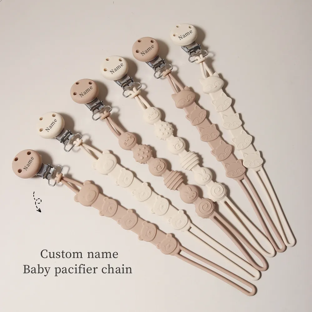 

Силиконовый зажим для соски с индивидуальным именем, очаровательная игрушка-прорезыватель с изображением медведя и лисы, цепочка-держатель для соски с защитой от падения для младенцев