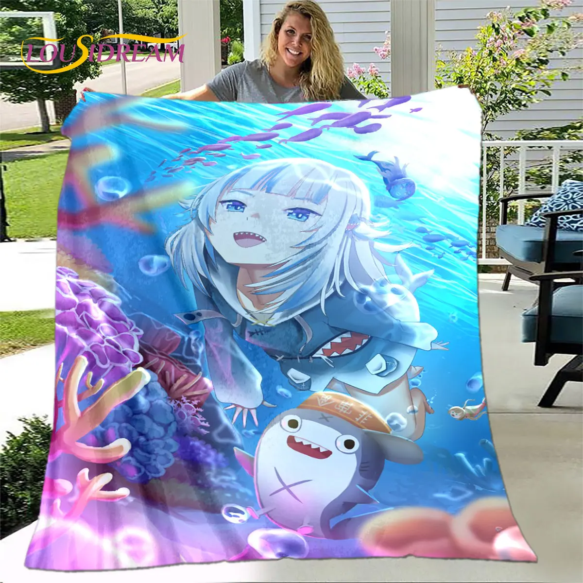 Gawr Gura Hololive น่ารักอะนิเมะนุ่มผ้าห่มกำมะหยี่,ผ้าลินินตกแต่งผ้าห่มผ้าห่มสำหรับห้องรับแขกห้องนอนโซฟาปกปิกนิกเด็ก