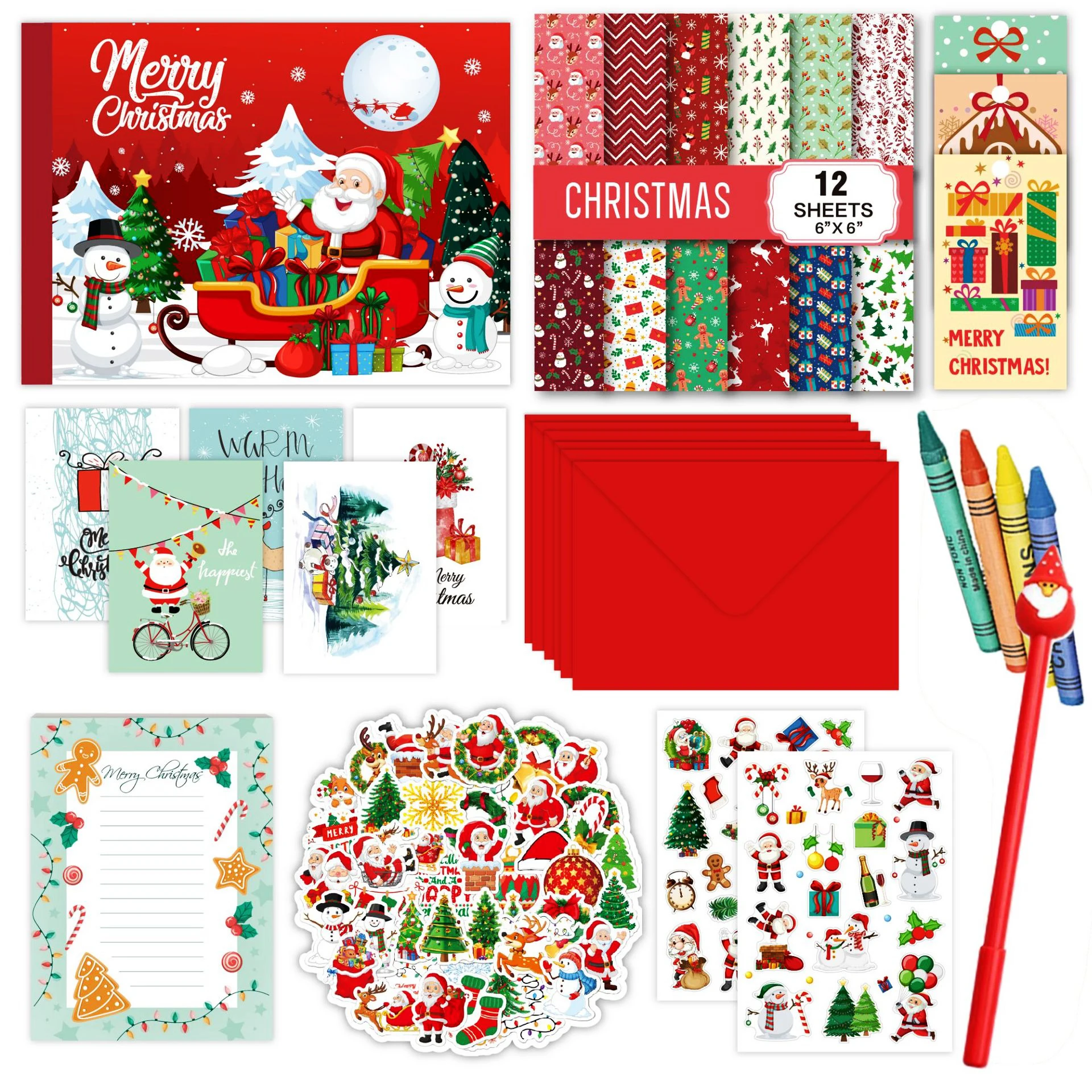 86Pcs Christmas DIY JOURNAL SET Stationery Xmas New Year Gift Notebook Stickers Crayon Set Wishing Friends And Greeting Cards