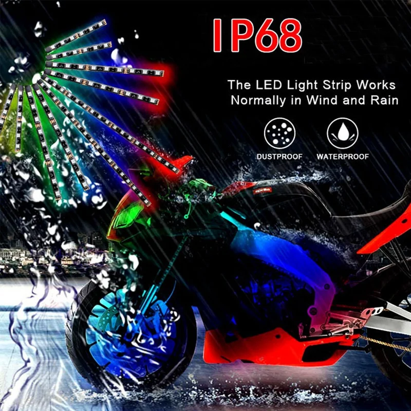 แถบไฟสร้างบรรยากาศสำหรับรถมอเตอร์ไซค์12ชิ้นแถบไฟสีสันสดใสไฟ LED RGB เรืองแสงนีออนพร้อมรีโมท