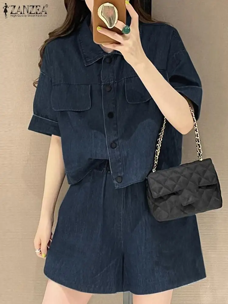 ZANZEA Vintage Denim 2PCS Pant Sets 2024 Summer Women Fashion Short Sleeve Lapel Neck Shirt Shorts Set Korean Blue Shorts Suits