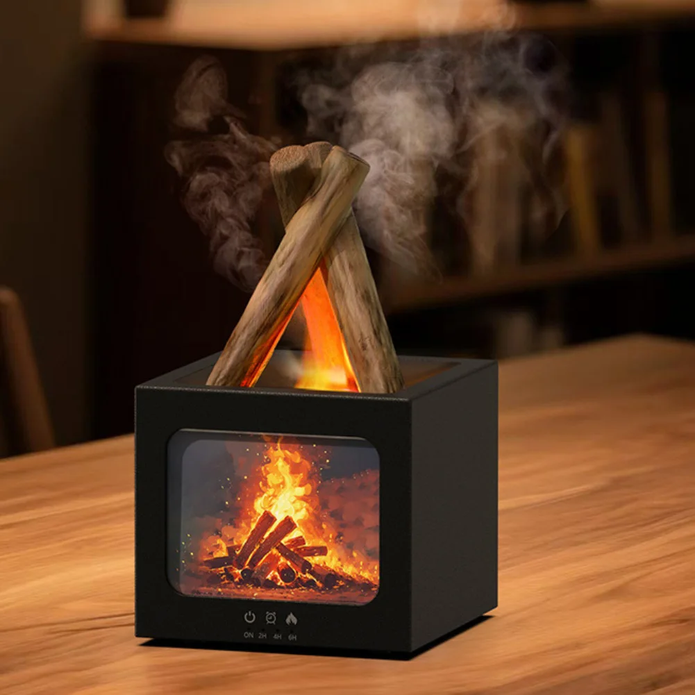 USB Aroma Diffuser with Desktop Fireplace and Humidifier Combining Realistic Flame and Soothing Mist for Air Comfort
