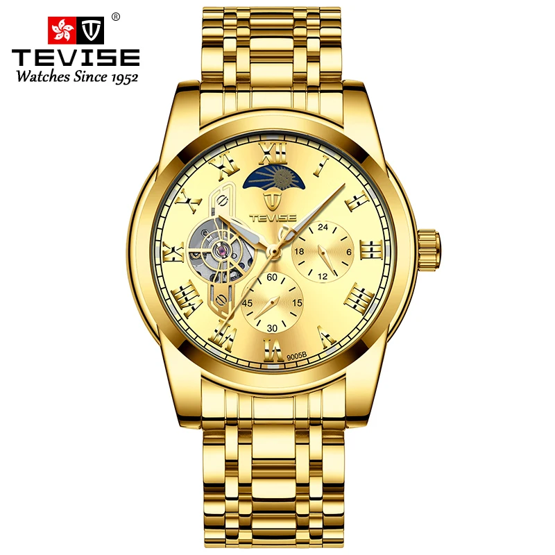 ساعة TEVISE للرجال ميكانيكية أوتوماتيكية متعددة الوظائف من الفولاذ المقاوم للصدأ، ساعة عمل عصرية