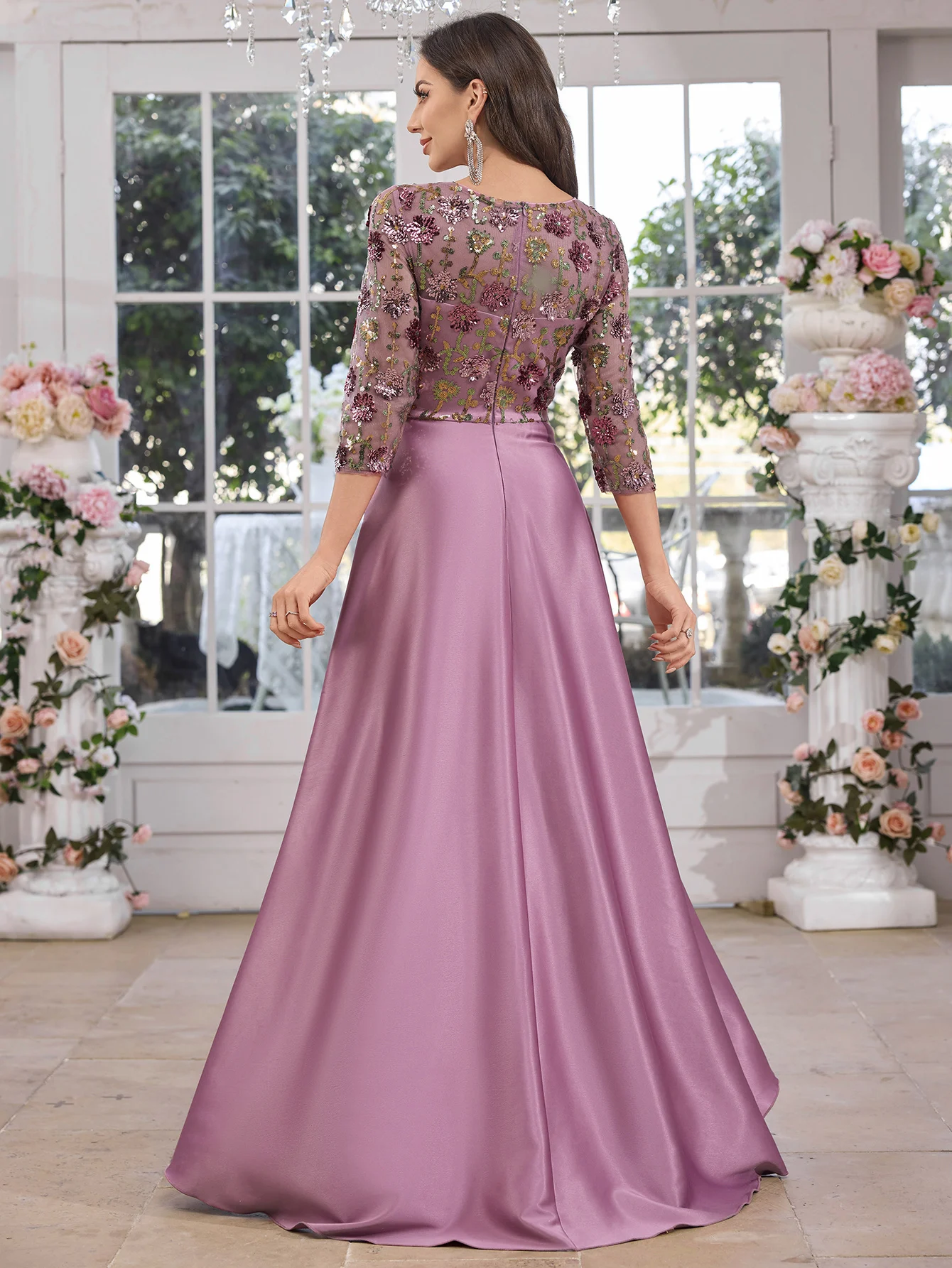 UNITHORSE Sequin Splice Satin Dress with Chest Embroidery for Women Evening Ball Gown Elegant Floor-Length Formal Skirt