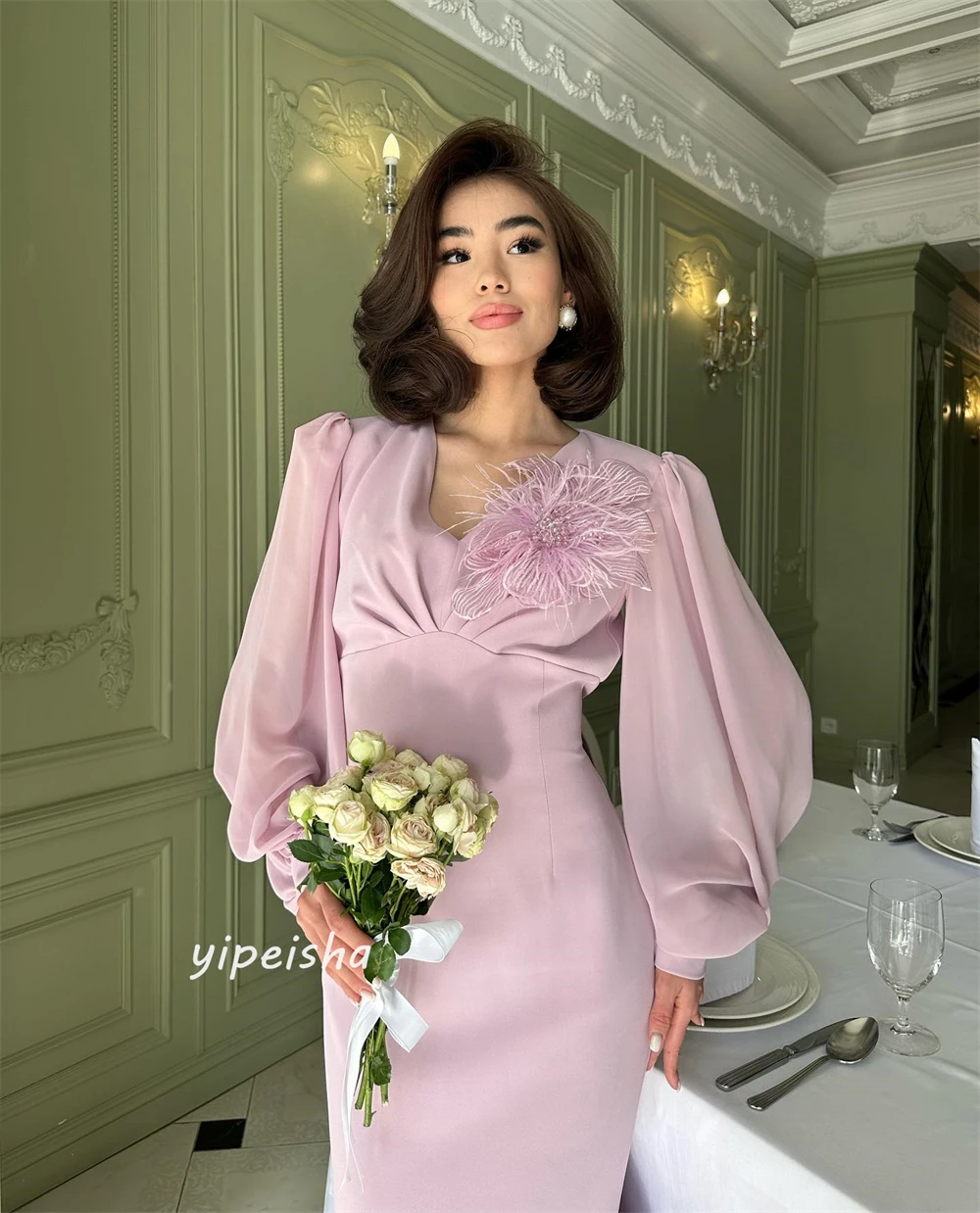 Jiayigong berkilau indah gaya Modern Formal malam leher v panjang putri duyung bunga kancing gaun sifon