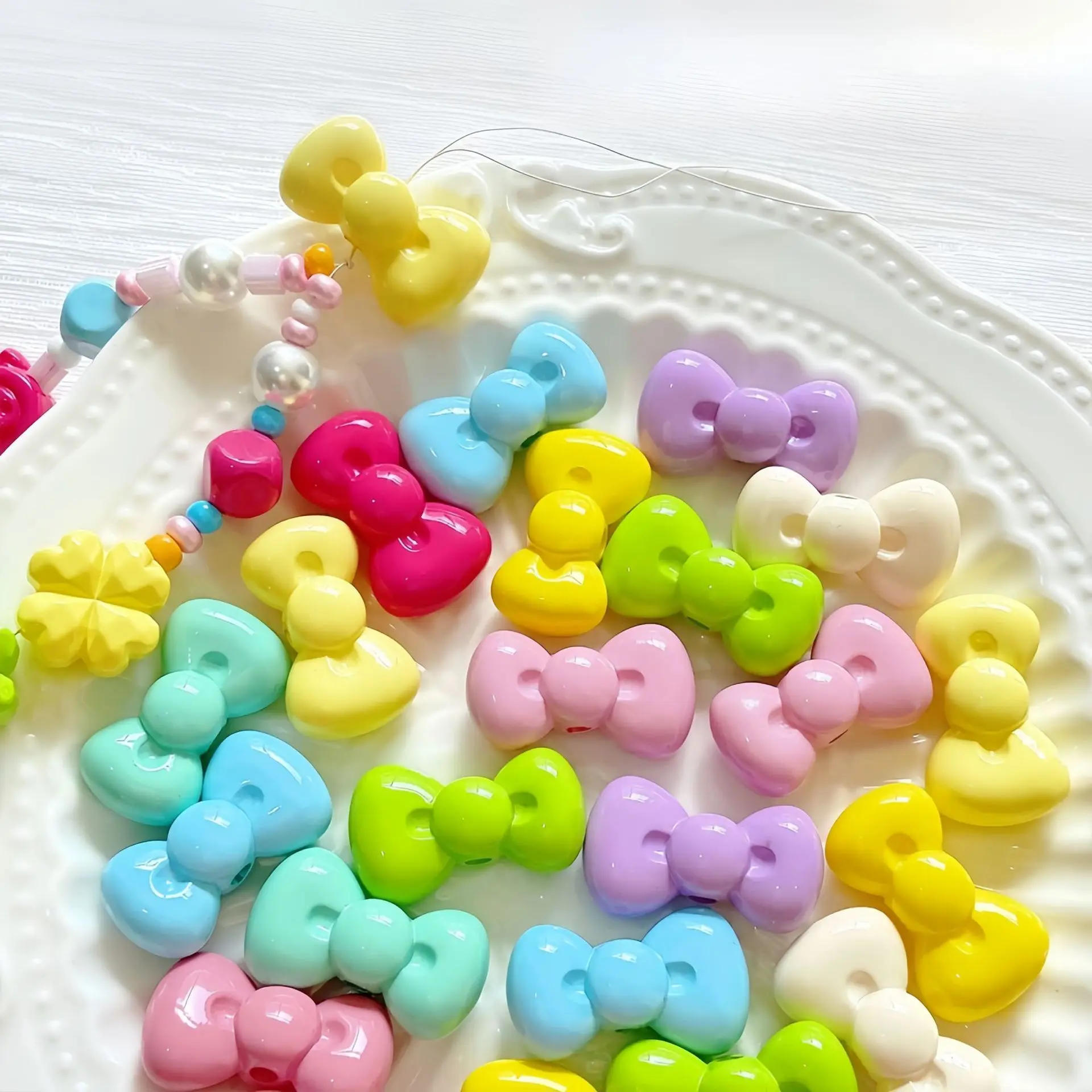 DIY Jewelry Findings Pastel Solid Colors Acryilc Ribbon Tie Bow Beads Fit Girls Party Jewelry Bubblegum Necklace 15*26mm 80pcs