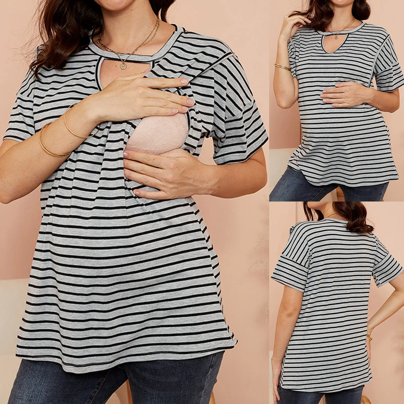 

Maternity Breastfeeding T-Shirt Women Nursing Tops Summer Mom Short Sleeve Casual Tops Striped Pullover Pregnancy Comfort Tee