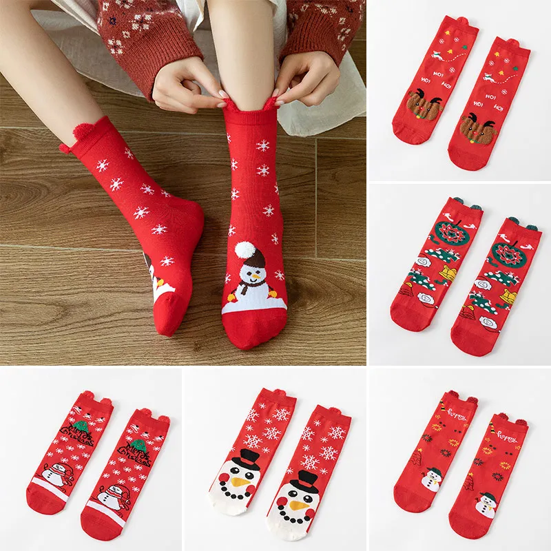 

1 Pair Christmas Socks For Women Funny Snowman Santa Claus Snowflake Elk Soft Cotton Mid-tube Socks Xmas New Year Gifts