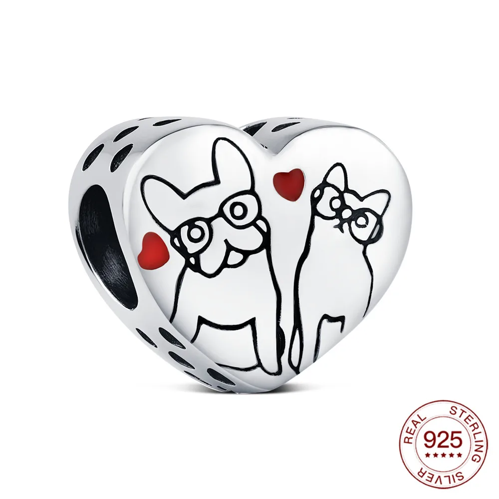 Charms Original Herz-förmigen Katze Hund Geschnitzte Perlen S925 Sterling Silber Bead Fit Armbänder Diy Für Frauen Edlen Schmuck Liebe geschenk