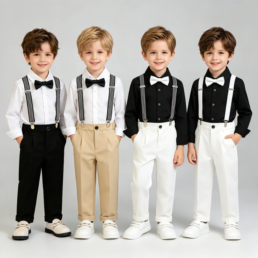 

Boys Suspender Suit Long Sleeve Shirt Bow Straight Pants Multi Color Kids Formal Wedding Party Flower Boy Gentleman Outfit 2-12Y