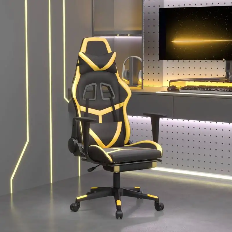 Chaise gamer noire et dorée en similicuir avec repose-pieds et massage lombaire USB. Dossier inclinable, hauteur réglable, rotation à 360° ° roulettes. Cadre en métal et contreplaqué robuste, similicuir lavable, charge maximale 110 kg, adapté aux longues sessions de travail.