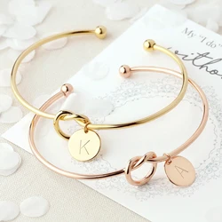Trendy Initial Coin Charm Bangle for Women Men Lover Wife Stainless Steel Letter Cuff Bracelet Couple Jewelry Dropshipping