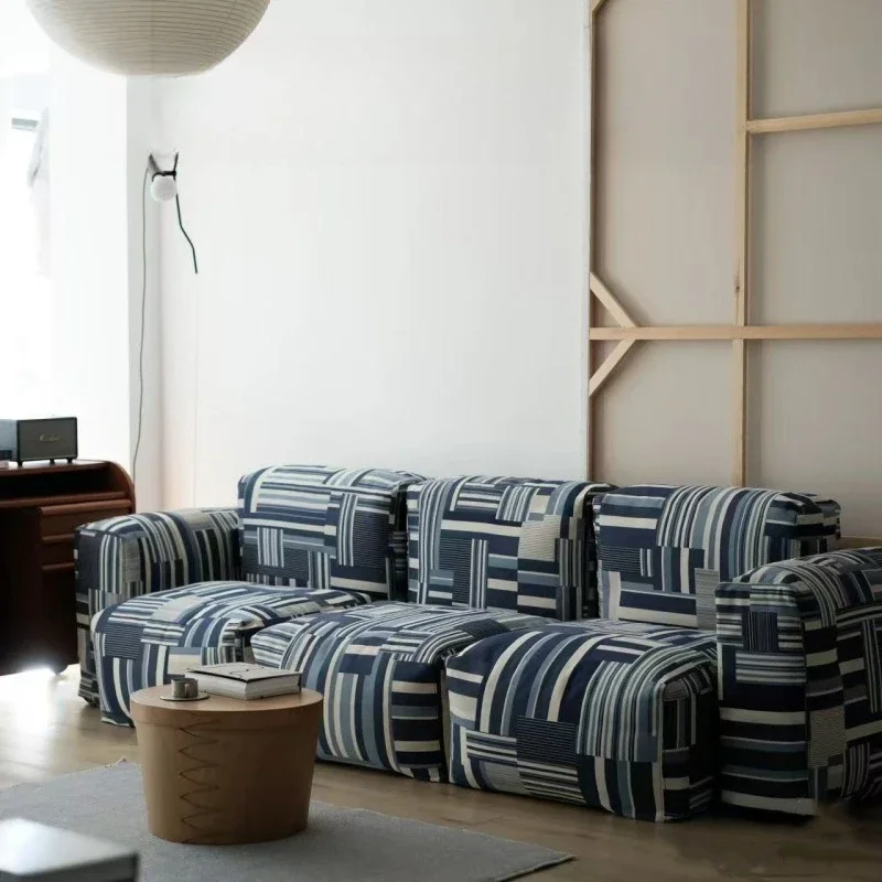 

Niche retro design denim splicing cloth sofa casual lazy wind small apartment bread module living room sofa