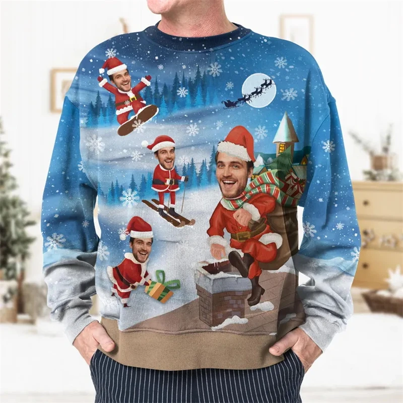 Custom Faces Funny Christmas Sweatshirt Unisex 3D Print Personalized Photo Ugly Sweater Crewneck Long Sleeve Holiday Xmas Gift