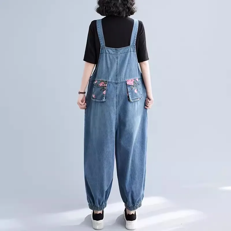 Denim Jumpsuits for Women Floral Printing Korean Style Harajuku Overalls One Piece Outfit Women Rompers Casual Vintage Playsuits