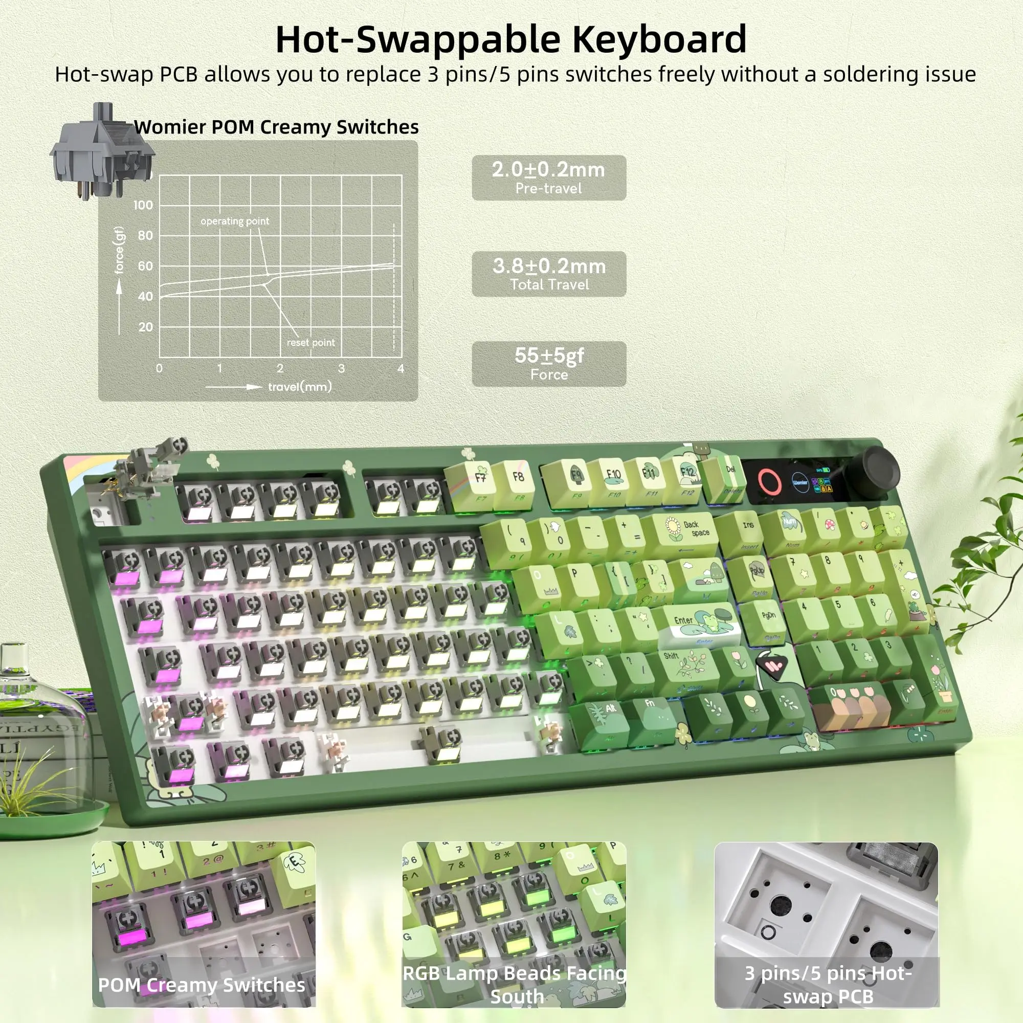 Womier L98 Frog Wireless Mechanical Keyboard with TFT Screen & Knob 98% Creamy Hot-Swappable RGB Backlit Custom Gaming Keyboard