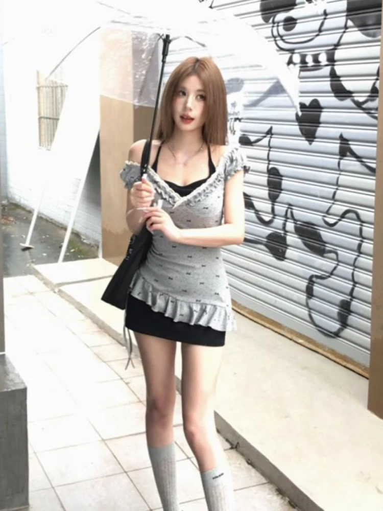 Two Peices Set Streetwear Lace Patchwork Print Dress + Black Halter Women Y2k Aesthetic Mini Dresses Harajuku Summer Slim Suit