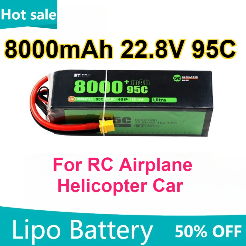 

8000mAh 6S 22.8V 95C Rechargeable Batteries for Model Aircraft Lipo Battery for RC Airplane Helicopter Toy Car