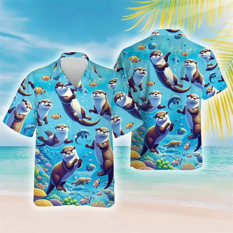 Hot Sale  Men clothe 3D Print Animal Sea Otter Men Hawaiian Shirts Men Fashion Holiday Button-up blouse Men Beach Vacation shirt