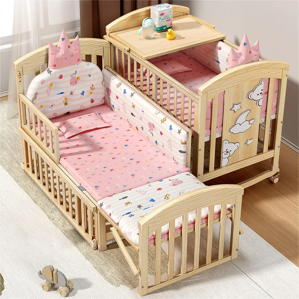 

New Comfortable Solid Wood Baby Crib Adjustable Wheels Comfortable Baby Cradle Beds for 0-3 Years Old