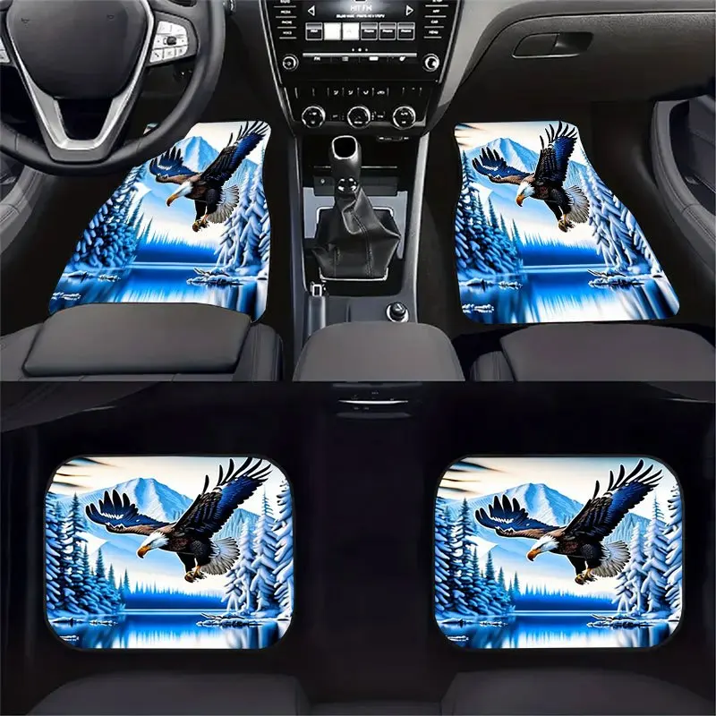 4pcs Eagle In Flight Car Floor Mats Set - Full Set Front & Rear Seats, Non-Slip Crystal Velvet Mats With Blue/White/Black/Gray E