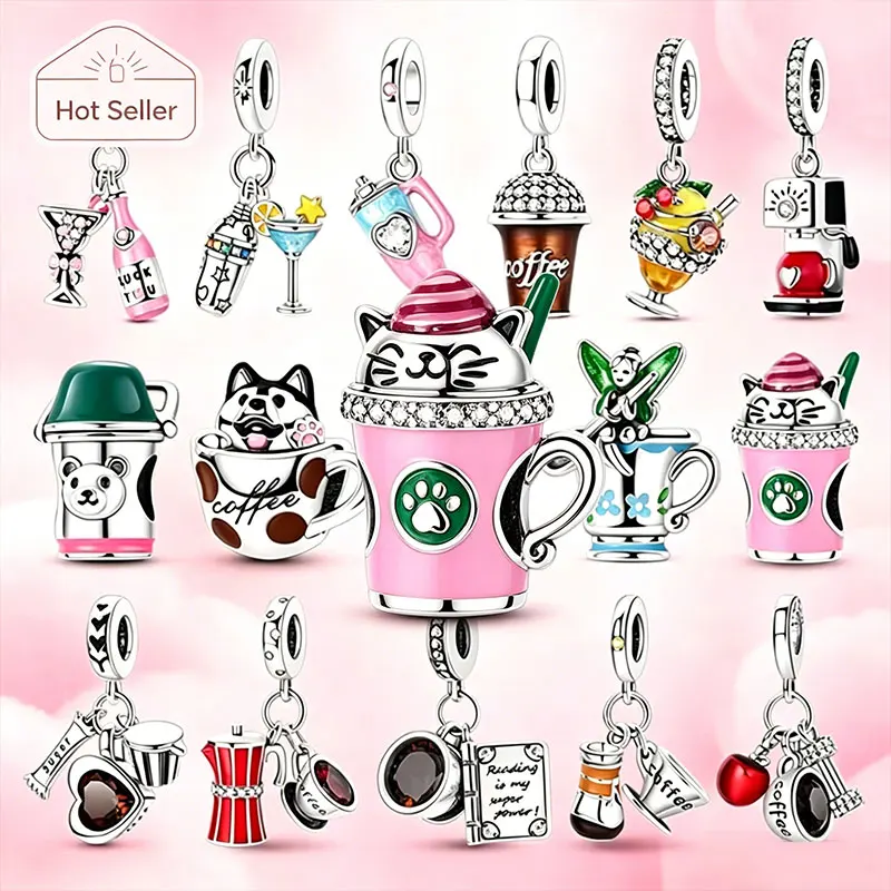 Wine Cocktail Bear Husky Cat Paw CZ Original Charm Silver Plated Bead Fit Bracelets Bag Keychain Charms Diy Women Gift Accessory