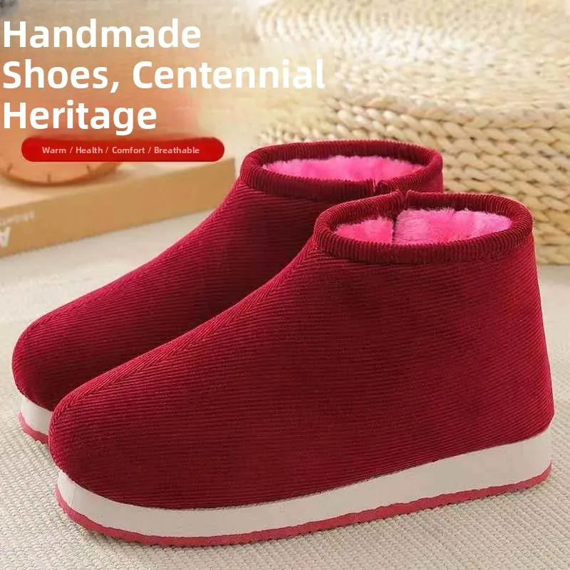 

Thickened Fleece Slippers Handmade Cotton Shoes Anti-slip Warm Indoor Home Old Style Wool Cotton Slippers for Men And Women