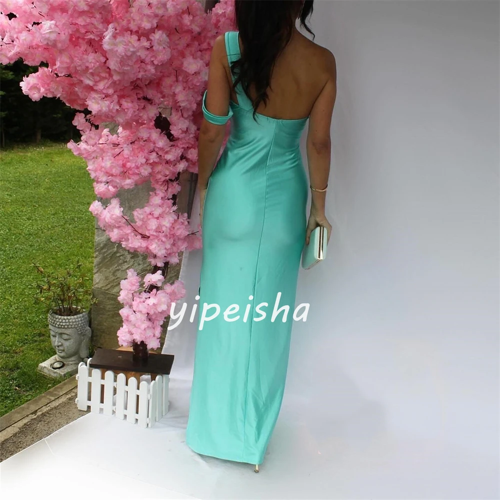 Jersey Flower Ruched Evening A-line One-shoulder Bespoke Occasion Gown Long Dresses