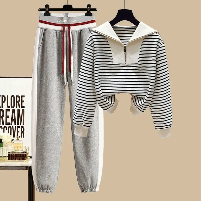 Spring Autumn Single/Outfits Women's New Fashion Design Sense Navy Collar Striped Sweater Slim Casual Pants Two Piece Set