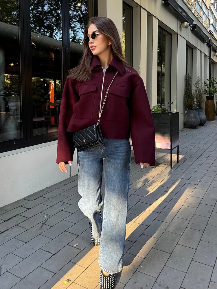 Foridol Autumn Winter Thick Burgundy Coat Jacket Women Zip Closure Turn Down Collar Short Jacket Veste Casual Angola Red Coat