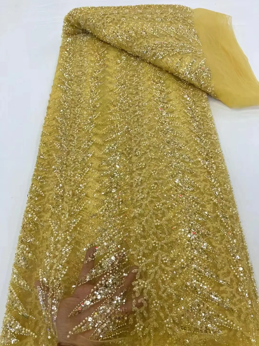 

Gold Nigerian Luxury Beaded Tulle Embroidery Lace Fabric 2024 French Heavy Handmade Sequins Net Lace Fabirc For Bridal Dress Sew