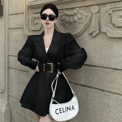 Spring/Summer 2023 New Black Fragrant Wide Waist Mesh Blazers Women's Patchwork Slightly Transparent Sunscreen Wrap Suit Coat