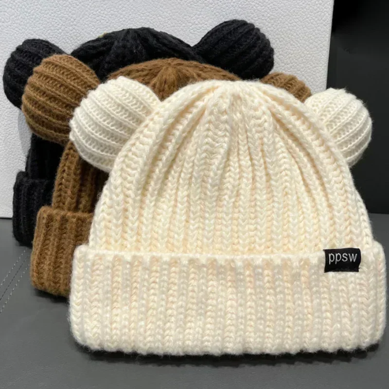 Y2K Bear Ears Thicken Hats Women Soft Harajuku Plush Ear Head Protection Cute Knitted Korean Wool Caps Cool Girl Handmade Beanie