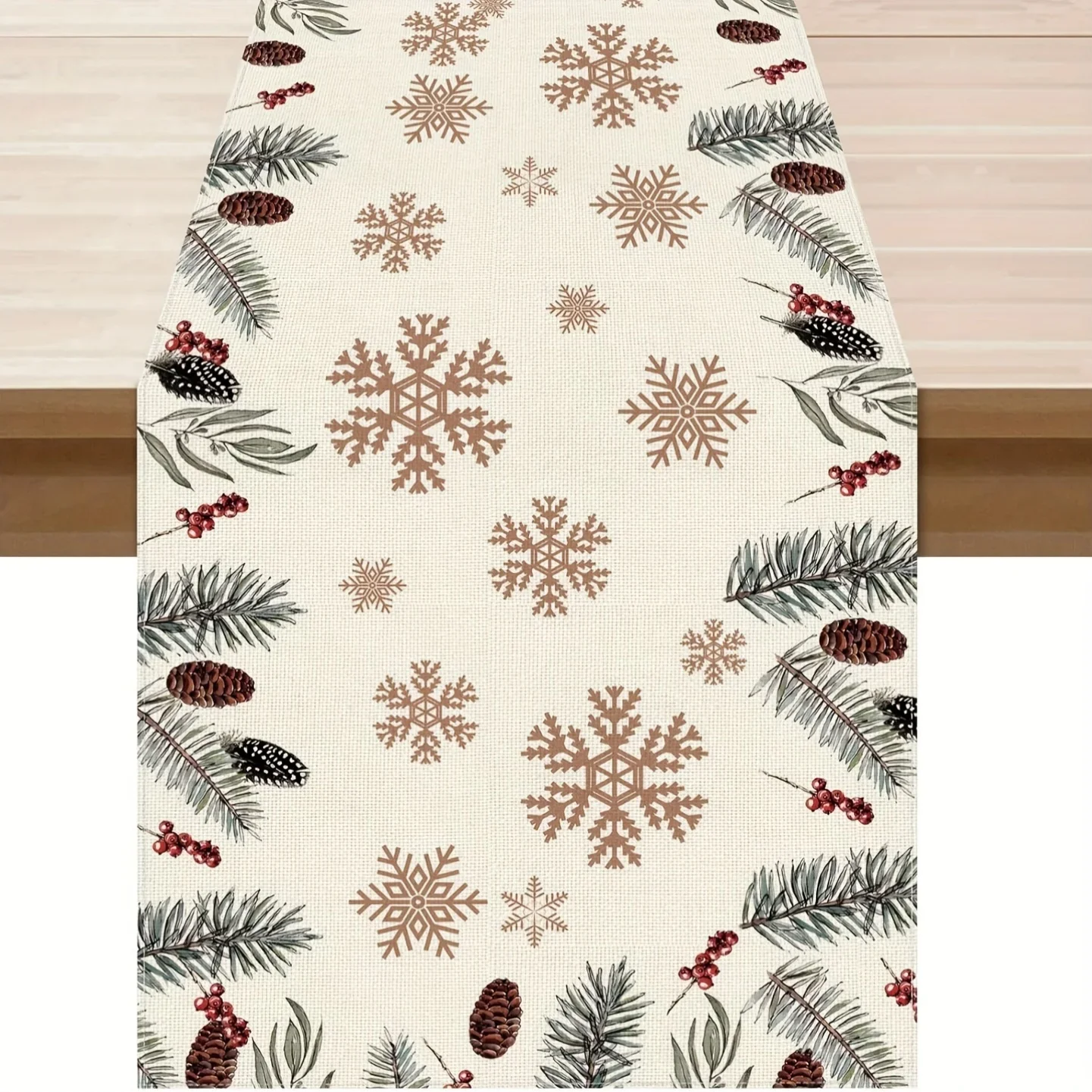 Bohemian style rectangular Christmas table runner with pine cones, snowflakes and cardinals for festive dining, farmhouse kitche