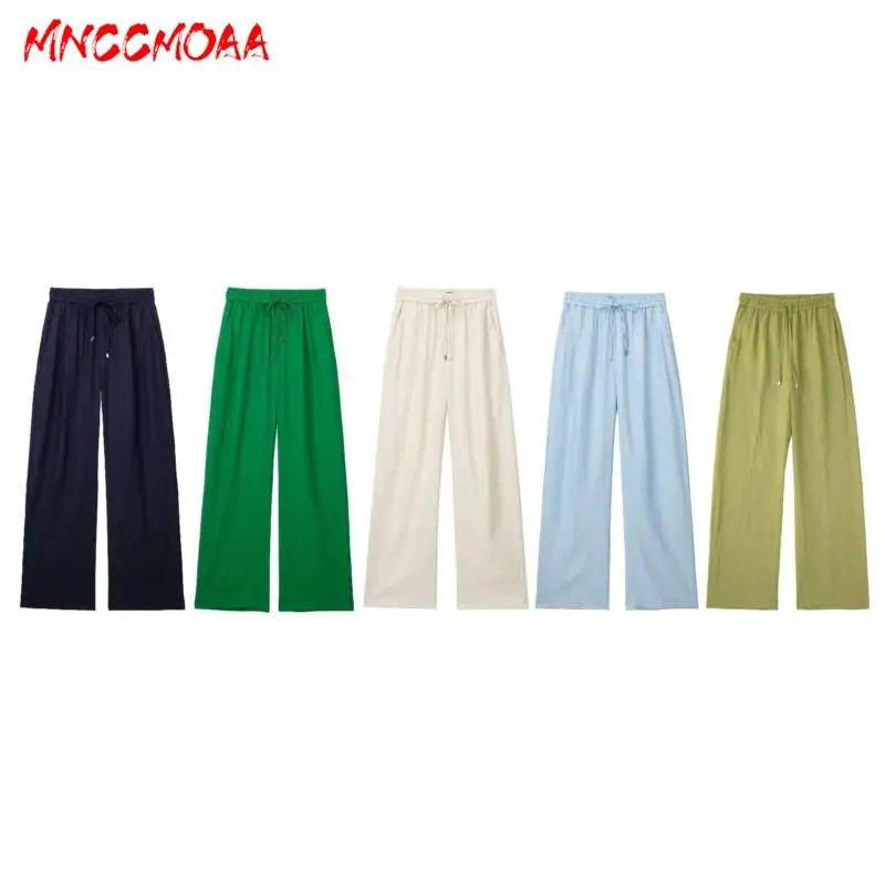 MNCCMOAA-Women\'s High Waist Wide Leg Pants, Solid Color, Casual, Loose, Simplicity, Linen Trousers, Summer Fashion, 2024