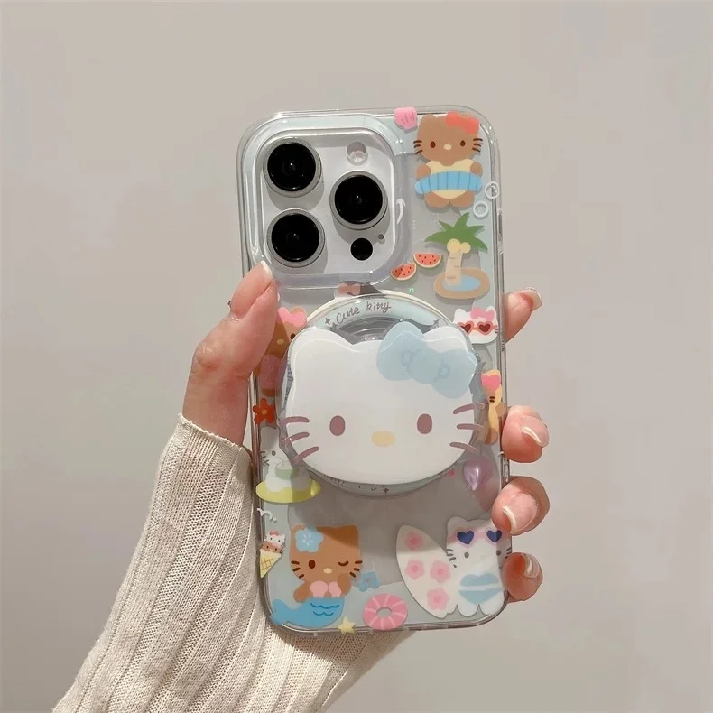 Cute Kitty Hello Mermaid Magsafe Wireless Charge Clear Phone Case For iPhone 15 Pro 14 13 12 16Pro Max Cartoon KT Magnetic Stand