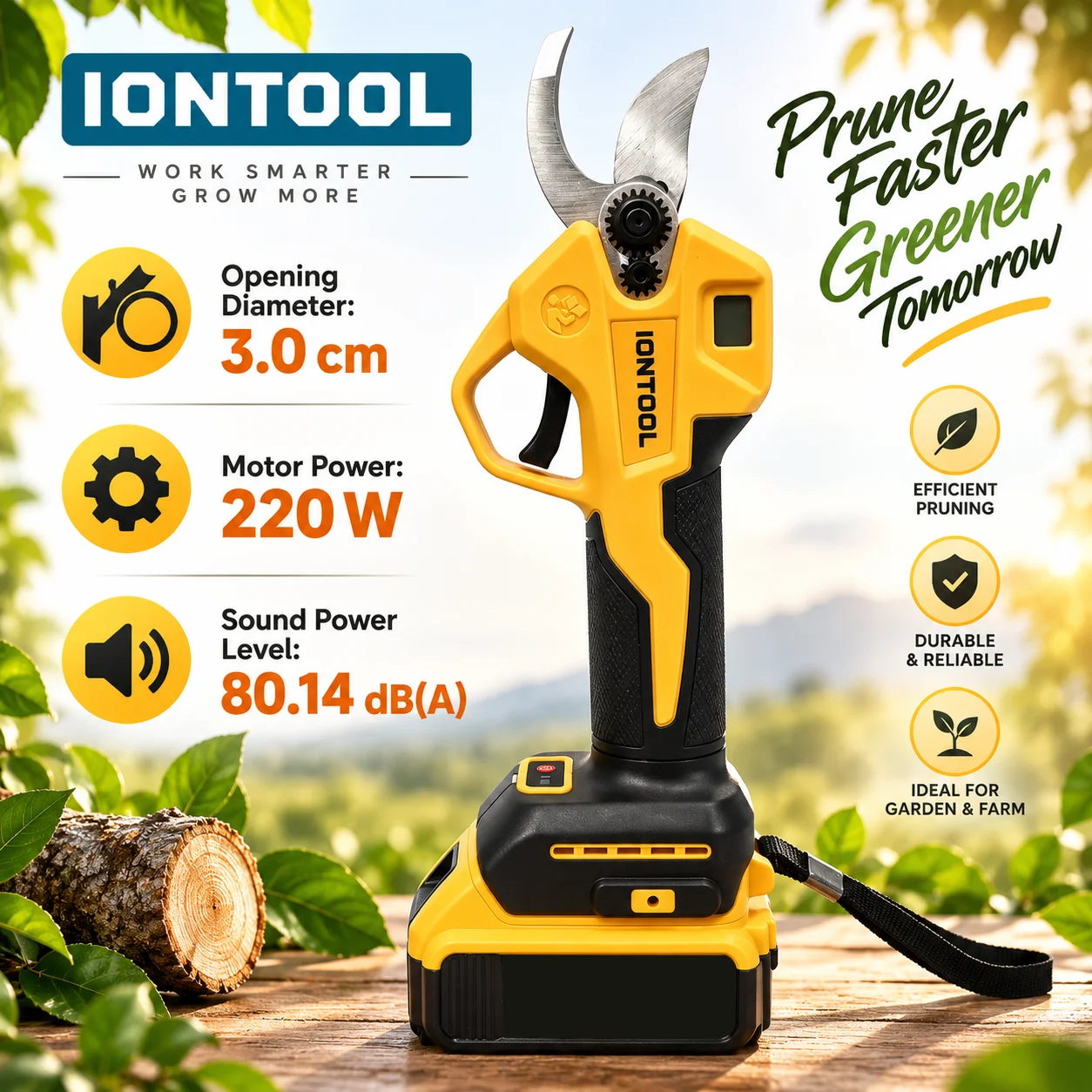 IONTOOL Portable Yellow Cordless Electric Pruning Shears 3.0CM For Vineyard Shoot Cutting and Fruit Tree Pruning and Thinning