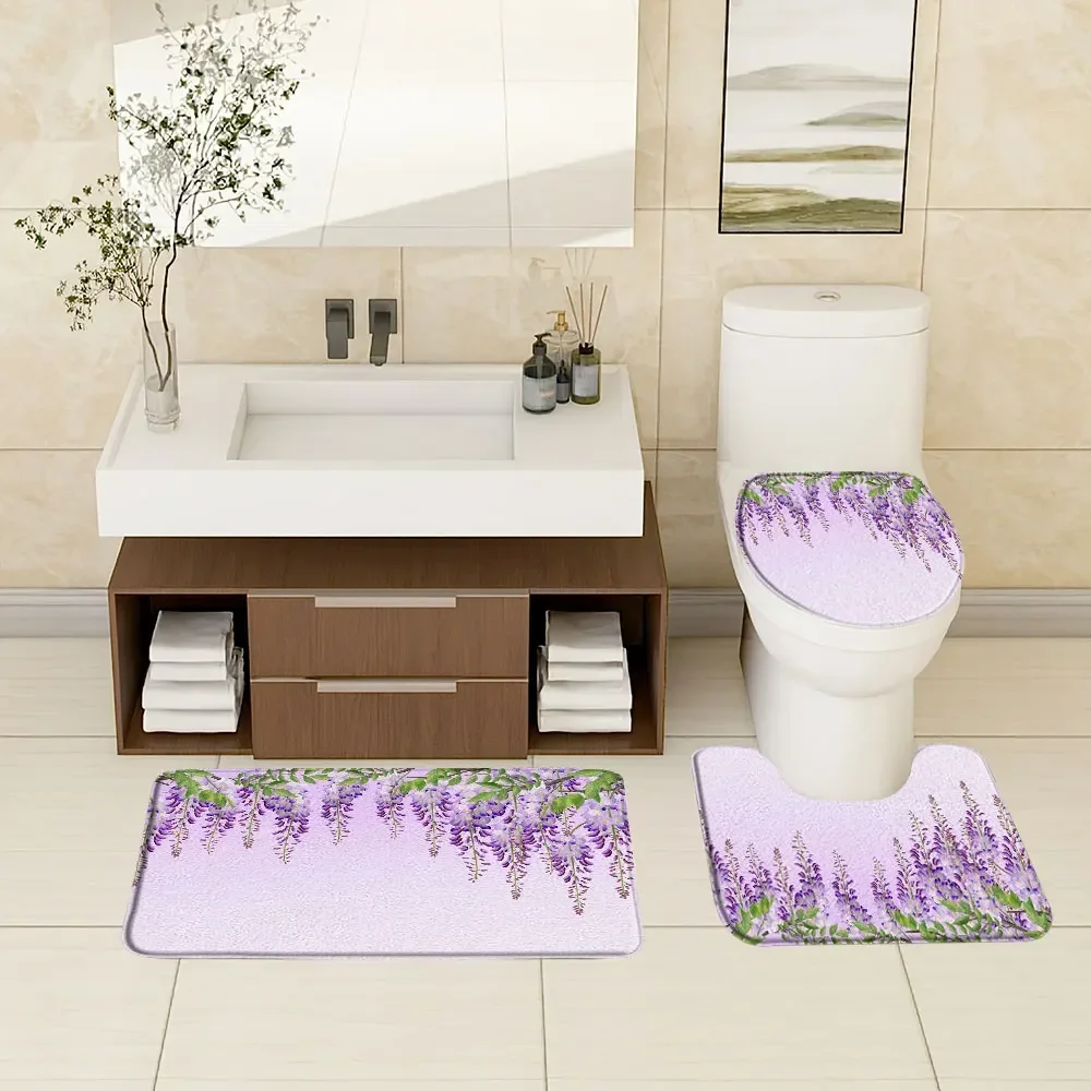 Purple Lavender Vineman Botanical Rug Set Watercolour Botanical Flower Butterfly Genie Bath Mats Bathroom Decor Accessories