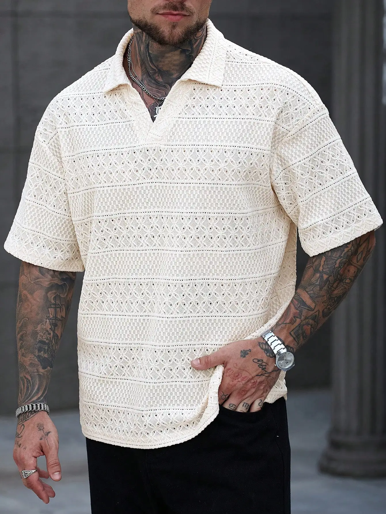 

Men's Cream Openwork Knit Short Sleeve Loose Polo Shirt