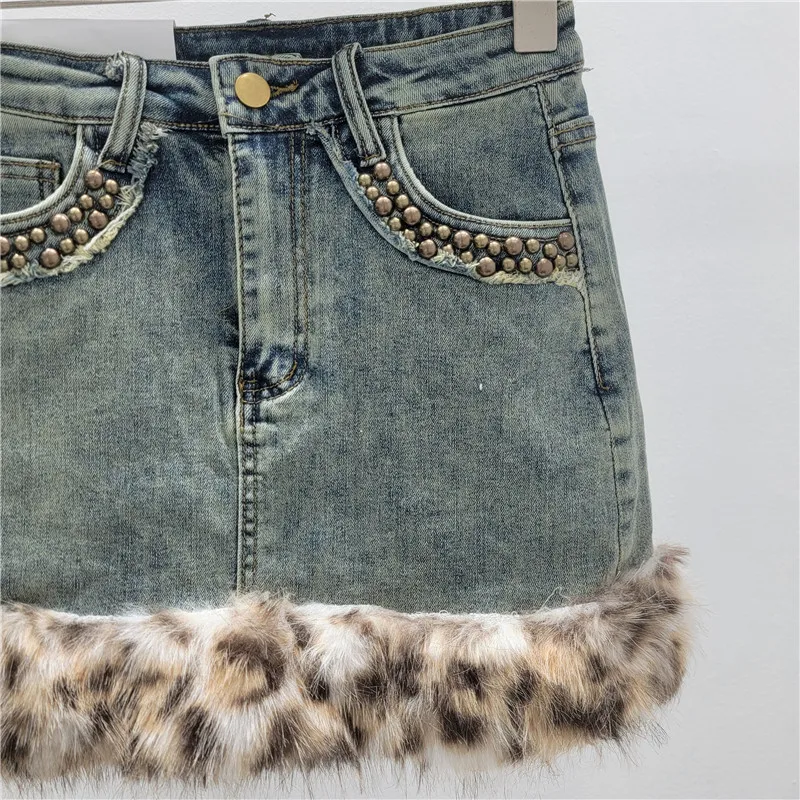 Leopard Print Furry Patchwork Stretch Denim Bodycon Skirt, 2025 Autumn Winter New Style, Sexy Rivet Hot Girl Short Skirt Women