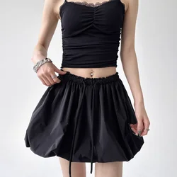 Korean Vintage Mini Balloon Skirt Women Summer Streetwear Fashion High Waist A-line Cute Sexy Drawstring Pleated Bubble Skirt