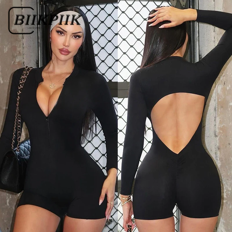 

BIIKPIIK Sexy Backless Sporty Jumpsuits for Women Zipper Long sleeve Playsuits Fitness Solid Slim Fit Rompers Basic Gym Overalls