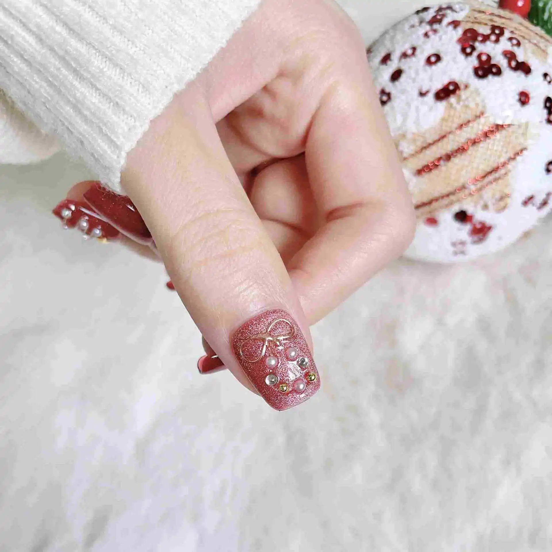 10 pièces presse à la main sur les ongles noël oeil de chat arc scintillant couverture complète ongles conseils pour femmes et fille amovible portable ongles