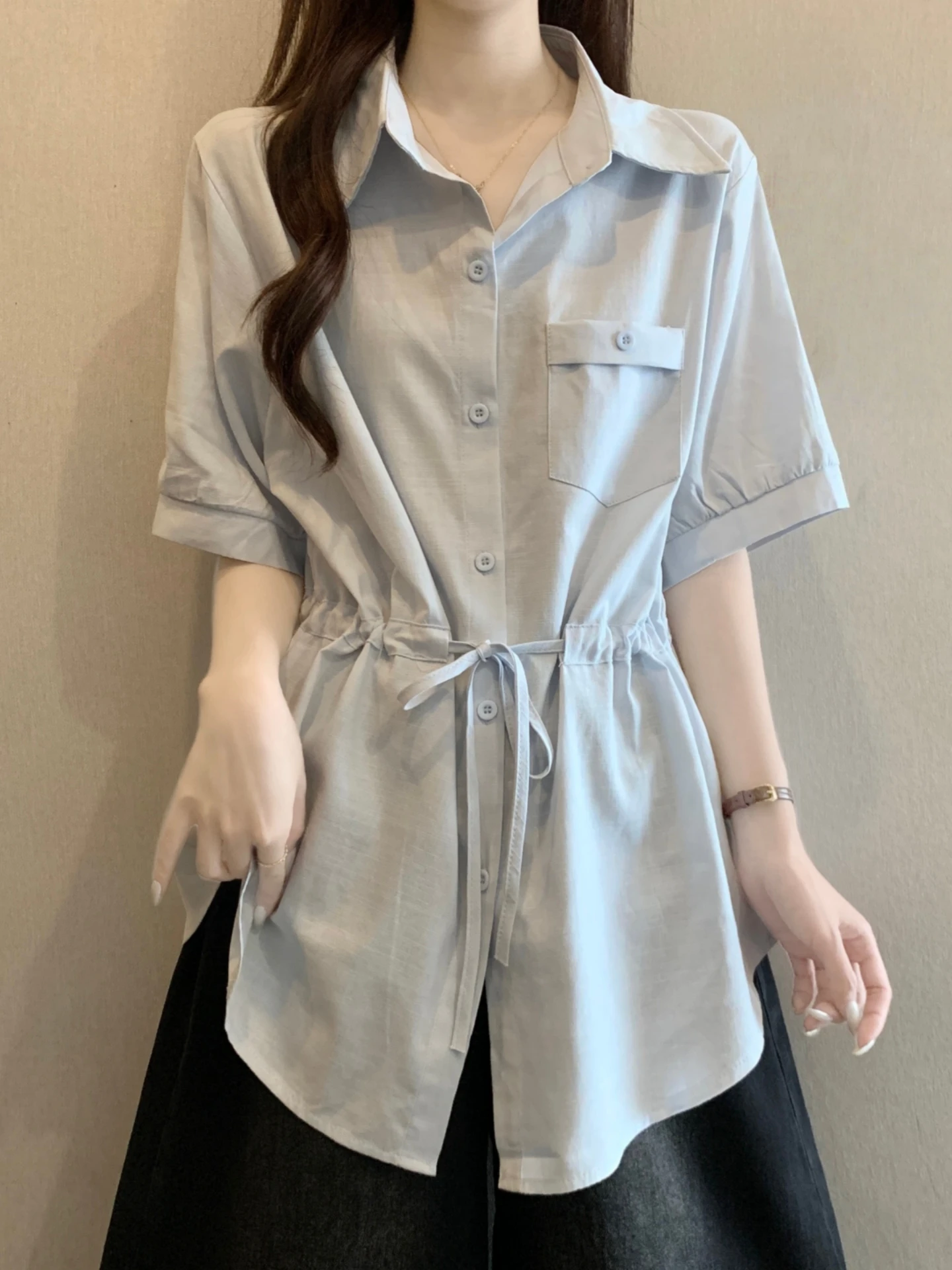 

Slimming Neck Short Sleeve Base Shirt Women's plus Size Summer Cover Belly Midi Length Belted Waist Inward Top