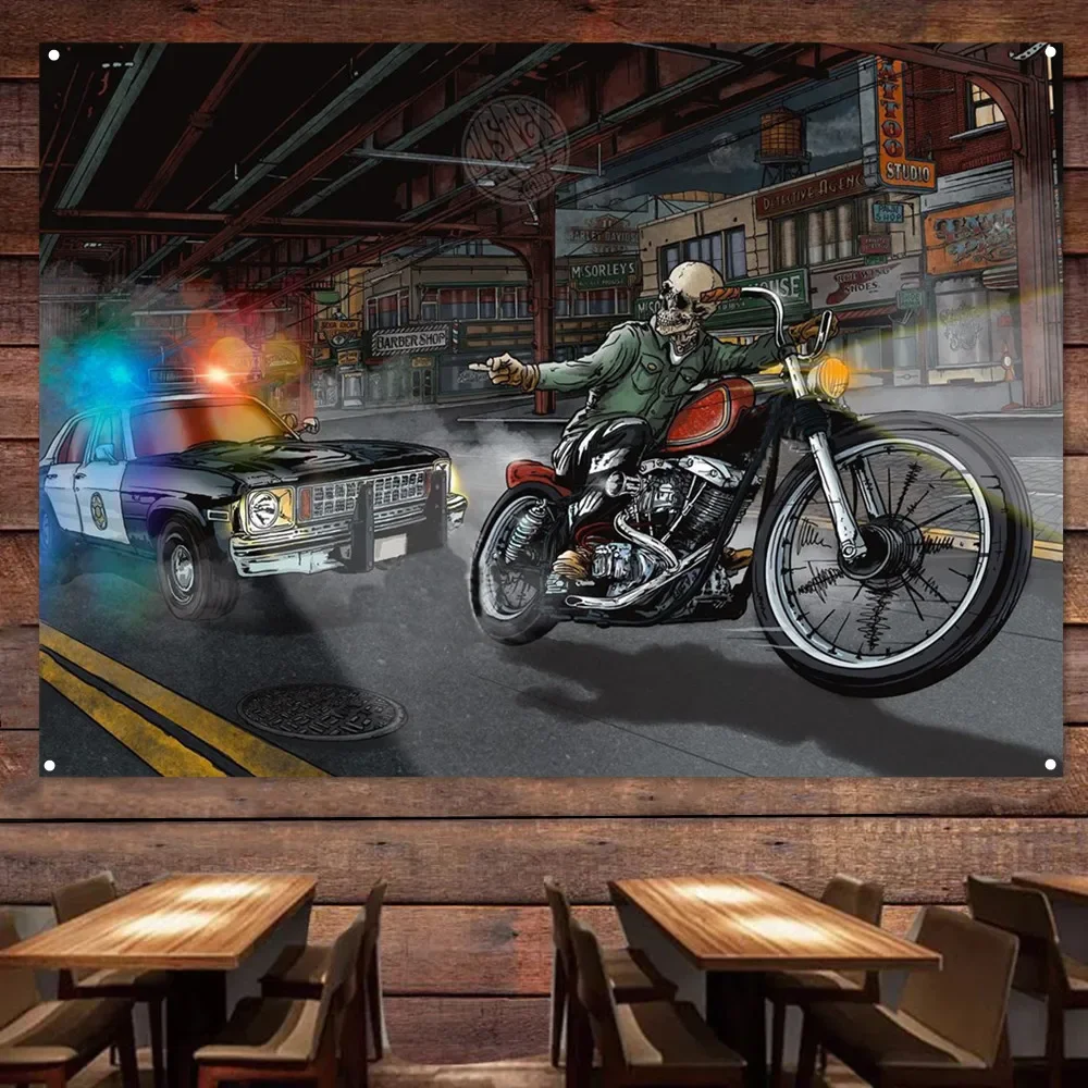 

Skeleton Biker Taunts the Police Vintage Decor Banner Motorcycle Painting for Garage Man Cave Auto Repair Shop Home Decor Poster