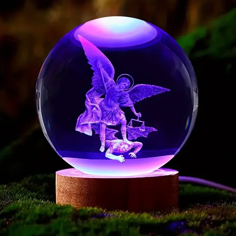 1pc, St Michael\'s Guardian Angel 3D statue with Demon Killer Crystal Ball nightlight for religious lovers