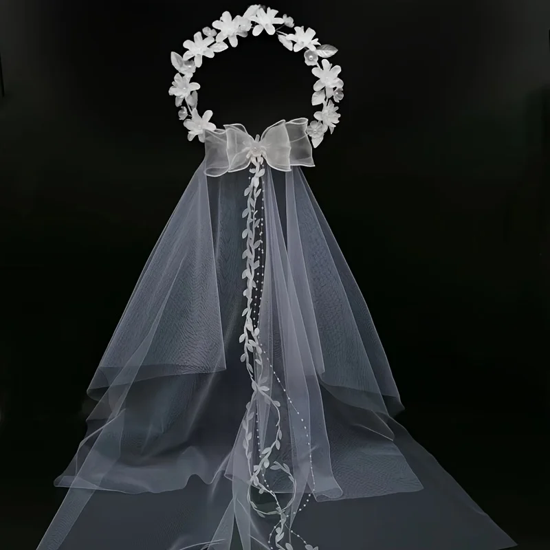 1pc Exquisite White Transparent Bridal Garland Veil with Flower Vines, Imitation Pearl Decor, Elegant Headwear for Wedding, Brid