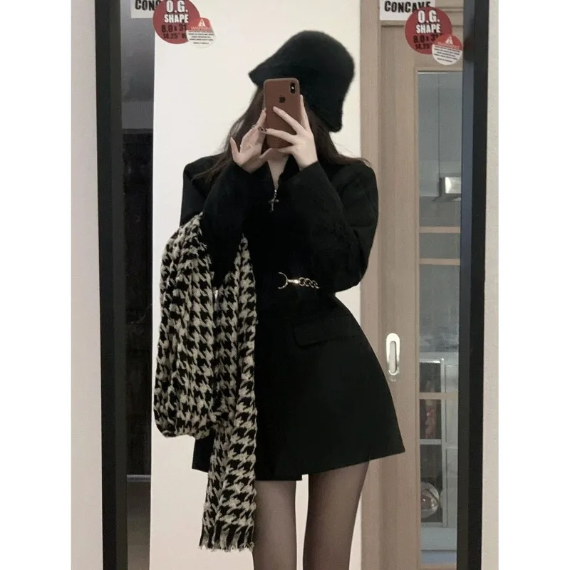 Suit with Shorts Female Shoulder Pads Black Belt Collection Waist Spring and Autumn Style All Match High-grade Temperament